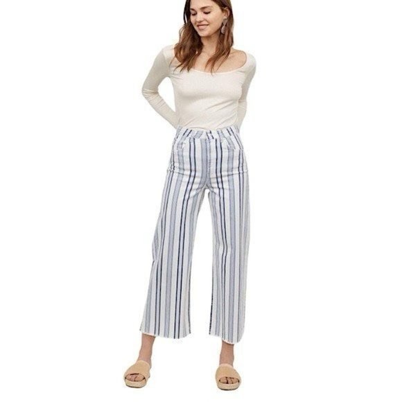 H&M Wide Leg High waist Frayed Ankle Jeans in Blue White Stripe Size 6/Small - Picture 12 of 12